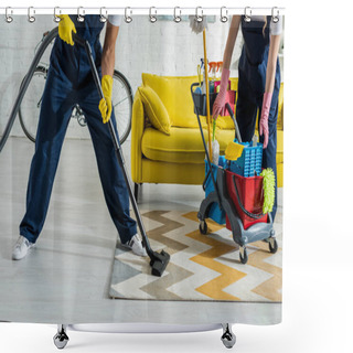 Personality  Cropped View Of Cleaners In Overalls Cleaning Apartment  Shower Curtains