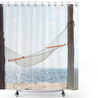 Personality  Hammock Hanging Between Two Trees On Sandy Beach Near The Sea  Shower Curtains