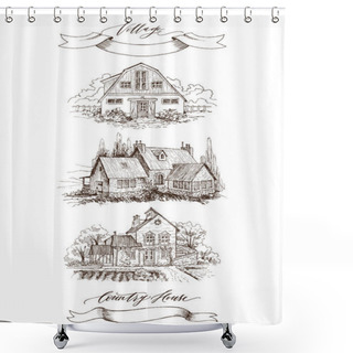 Personality  Set Of Rural Landscape With Old Farmhouse And Garden. Hand Drawn Illustration In Vintage Style. Retro Tape With An Inscription Country House And Village. Vector Design Shower Curtains