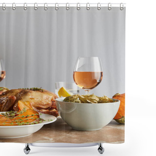 Personality  Baked Physalis, Sliced Pumpkin And Grilled Turkey Near Glass With Rose Wine Isolated On Grey Shower Curtains