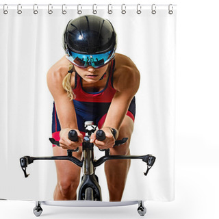 Personality  Woman Triathlon Triathlete Ironman Athlete Cyclist Cycling Isolated White Background Shower Curtains