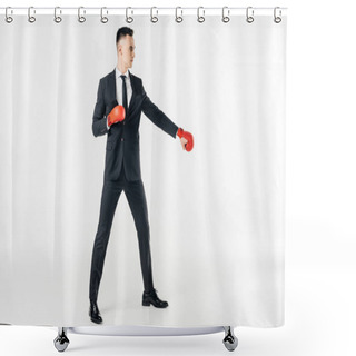 Personality  Businessman In Suit And Red Gloves Isolated On White Shower Curtains