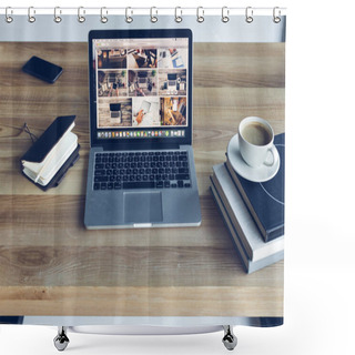 Personality  Open Laptop, Books And Cup Of Coffee At Modern Workplace  Shower Curtains