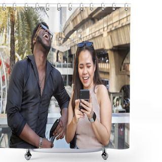 Personality  Multiracial Friends Laughing And Using The Mobile Next To A Mall Shower Curtains
