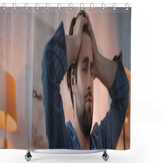 Personality  Young Man Touching Head While Suffering From Insomnia At Home, Banner  Shower Curtains