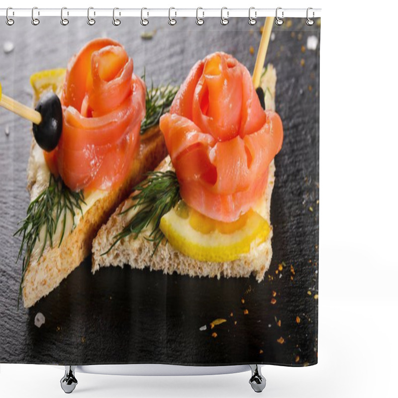 Personality  Sandwich With Salmon Over Wooden Background Shower Curtains