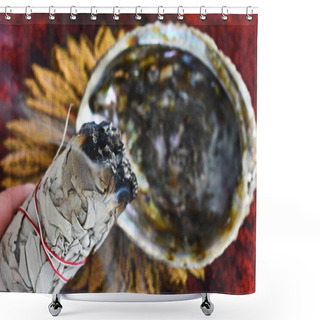 Personality  A Close Up Image Of A Hand Holding A Burning White Sage Smudge Stick.  Shower Curtains