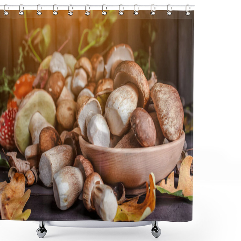 Personality  Mushroom Over Wooden Background. Autumn Cep Mushrooms On Wood. A Shower Curtains