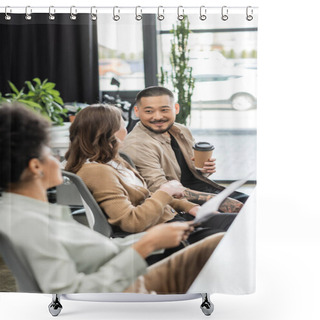 Personality  Joyful Asian Businessman Holding Coffee To Go And Chatting With Female Colleague In Modern Coworking Shower Curtains