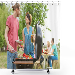 Personality  Young People Having Barbecue With Modern Grill Outdoors Shower Curtains