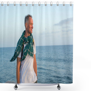 Personality  Man Wearing A Scarf, Standing On The Shore Of Sea Shower Curtains
