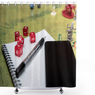 Personality  Set Of Smartphone, Notebook And Mechanical Pencil To Play Dices On The Role Play Dungeons And Dragons. Green Battlefield With Miniatures. Shower Curtains