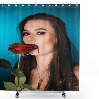 Personality  Young And Creepy Woman With Blood On Face Near Red Rose On Blue Shower Curtains
