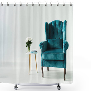 Personality  Turquoise Armchair By Coffee Table With Flowers And Books On Grey Background Shower Curtains
