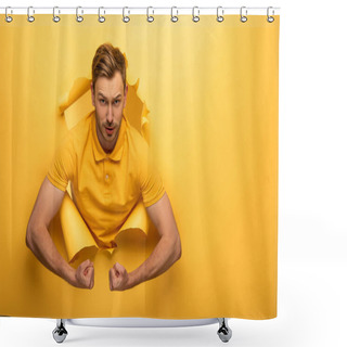 Personality  Strong Handsome Man In Yellow Outfit Showing Biceps In Yellow Paper Hole  Shower Curtains
