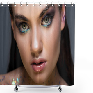 Personality  Close Up Portrait Of Young Woman With Fashionable Makeup, Isolated On Grey Shower Curtains