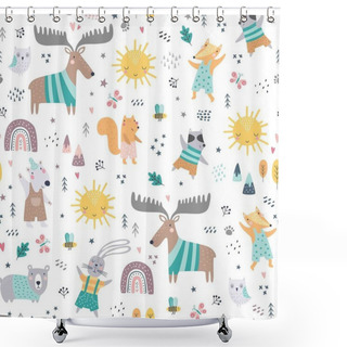 Personality  Seamless Childish Pattern With Woodland Animals. Cute Deer, Bear, Raccoon, Fox, Bunny, Squirrel In Clothes, Funny Characters. Creative Scandinavian Kids Texture For Fabric, Wrapping, Textile Shower Curtains