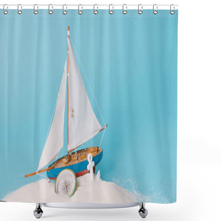 Personality  Decorative Ship Near Anchor And Compass In White Sand On Blue Background Shower Curtains