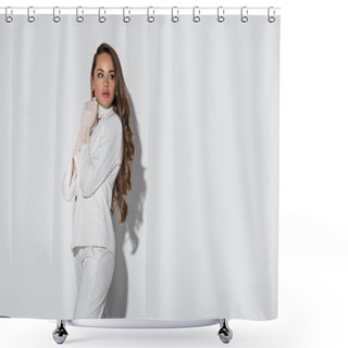 Personality  Attractive Girl With Long Hair In Suit Standing On White Background Shower Curtains