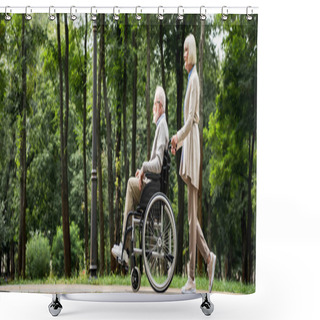 Personality  Senior Woman With Husband In Wheelchair Walking In Park Shower Curtains