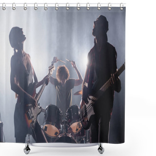 Personality  KYIV, UKRAINE - AUGUST 25, 2020: Rock Band Members With Electric Guitars Singing With Smoke And Drummer On Background Shower Curtains