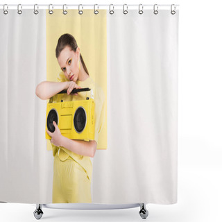 Personality  Stylish Girl Holding Retro Boombox And Posing With Copy Space And Limelight On Background Shower Curtains