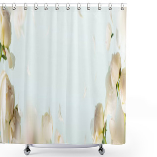Personality  Flying Peonies Flowers Petals At Blue Pastel Background With Copy Space. Creative Floral Nature Layout. Spring Blossom Concept For Wedding, Women, Mother, 8 March, Valentine's Day. Wide Long Banner. Shower Curtains