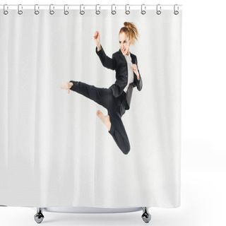 Personality  Businesswoman Screaming, Jumping And Performing Kick In Suit Isolated On White Shower Curtains