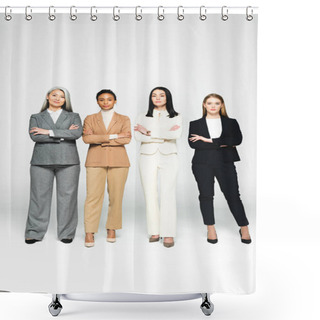 Personality  Multicultural Businesswomen In Suits Standing With Crossed Arms On White  Shower Curtains