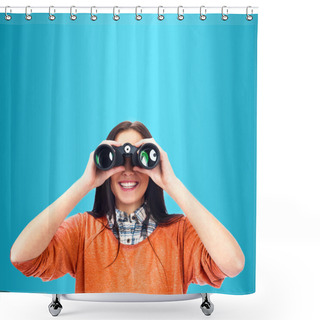 Personality  Woman Looking Through Binoculars Isolated On Blue Shower Curtains