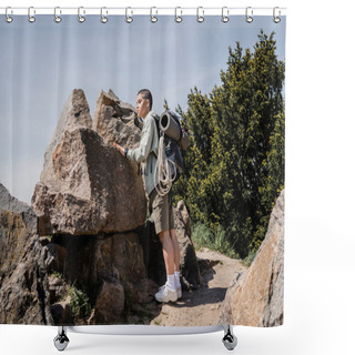 Personality  Young Short Haired Female Hiker With Backpack And Travel Equipment Looking Away While Standing Near Stones On Path With Nature And Sky At Background, Exploring New Horizons, Summer Shower Curtains