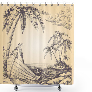 Personality  Boat On Sea Shore, Tropical Island And Palm Tree Shower Curtains