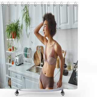 Personality  Smiling African American Woman In Bra With Pink Patches Under Eyes Standing In Modern Kitchen Shower Curtains