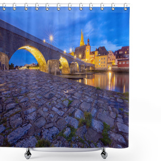 Personality  Regensburg. Old Stone Bridge Over The Danube River At Night Light. Shower Curtains