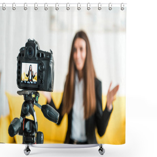 Personality  Selective Focus Of Digital Camera With Happy Girl Gesturing On Screen  Shower Curtains