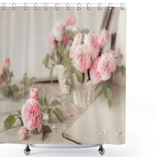 Personality  Pink Roses On Wooden Table Shower Curtains