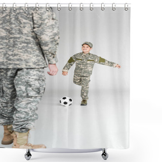 Personality  Partial View Of Father And Son In Military Uniforms Playing Soccer On Grey Background Shower Curtains