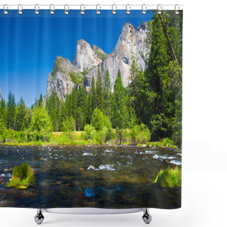 Personality  Three Brothers Rock And Merced River In Yosemite National Park, California Shower Curtains