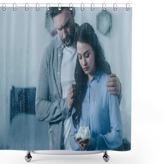 Personality  Husband Grieving And Hugging Wife With Baby Shoes Through Window With Raindrops Shower Curtains