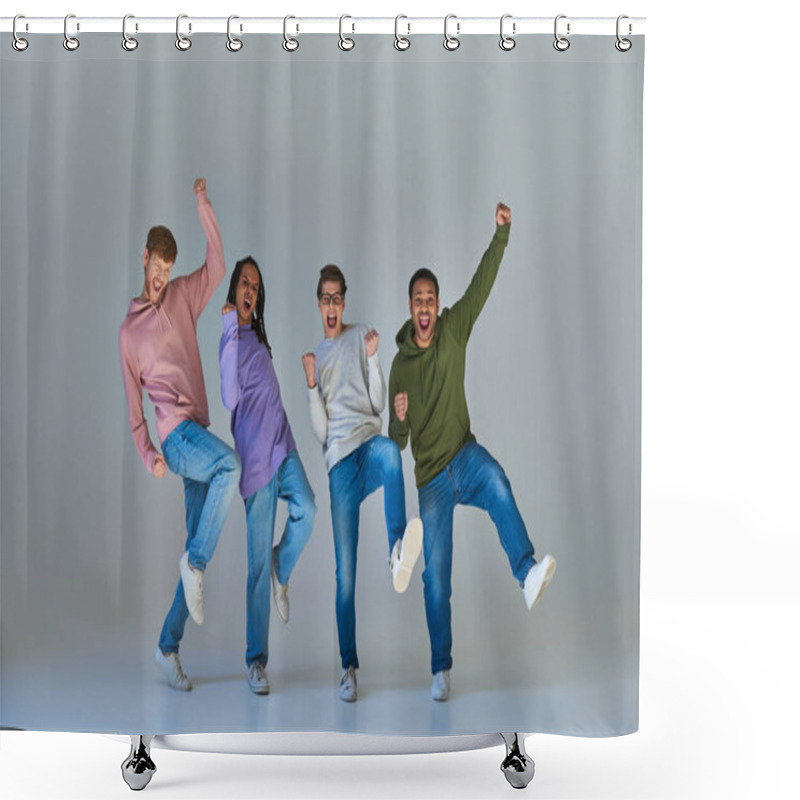 Personality  Multicultural Happy Friends In Urban Outfits Jumping And Having Great Time, Cultural Diversity Shower Curtains