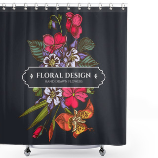 Personality  Floral Bouquet Dark Design With Impatiens, Tigridia, Aquilegia Shower Curtains