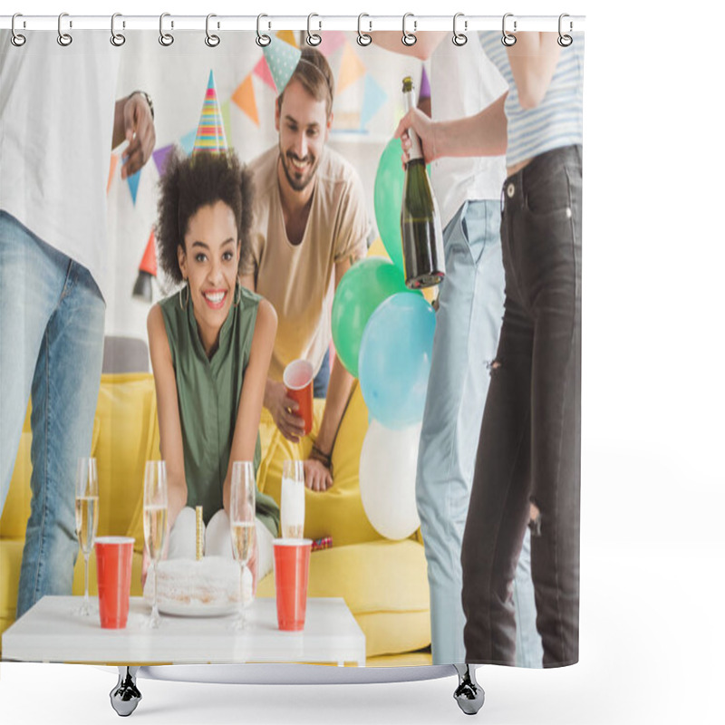 Personality  Happy Young Men And Woman Celebrating With Champagne And Birthday Cake Shower Curtains