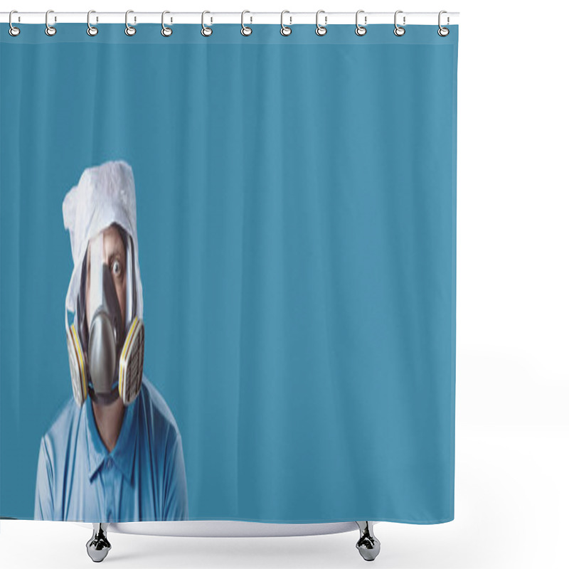 Personality  A Man In A Gas Mask And A Plastic Bag On His Head Symbolizes The Protection Of The Environment From Pollution On A Blue Background Shower Curtains