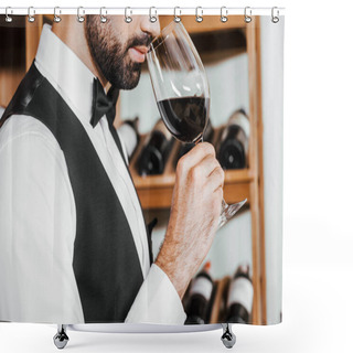Personality  Cropped Shot Of Sommelier Examining Aroma Of Wine From Glass At Wine Store Shower Curtains