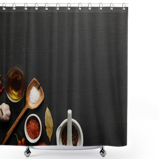 Personality  Top View Of Spices, Salt And Olive Oil On Black Wooden Background Shower Curtains