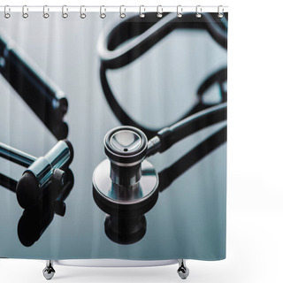 Personality  Selective Focus Of Stethoscope And Reflex Hammer On Glass Surface  Shower Curtains