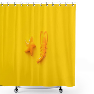 Personality  Top View Of Bright Plastic Shrimp And Starfish On Yellow Background Shower Curtains