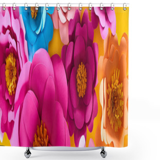Personality  Flat Lay With Paper Cut Multicolored Bright Flowers On Yellow Background Shower Curtains