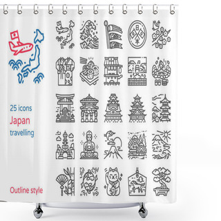 Personality  Japan Travel Outline Icon Vector Illustration Set.Pixel Perfect.Included The Icons As Wooden Wishing Hanging,lucky Cat,hot Spring Public Bath,koinobori Carp Streamer And More Shower Curtains