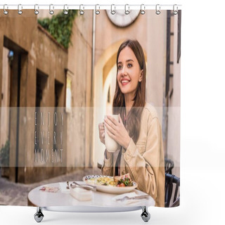 Personality  Selective Focus Of Woman Smiling And Holding White Cup Of Tea In Cafe In City, Enjoy Every Moment Illustration Shower Curtains